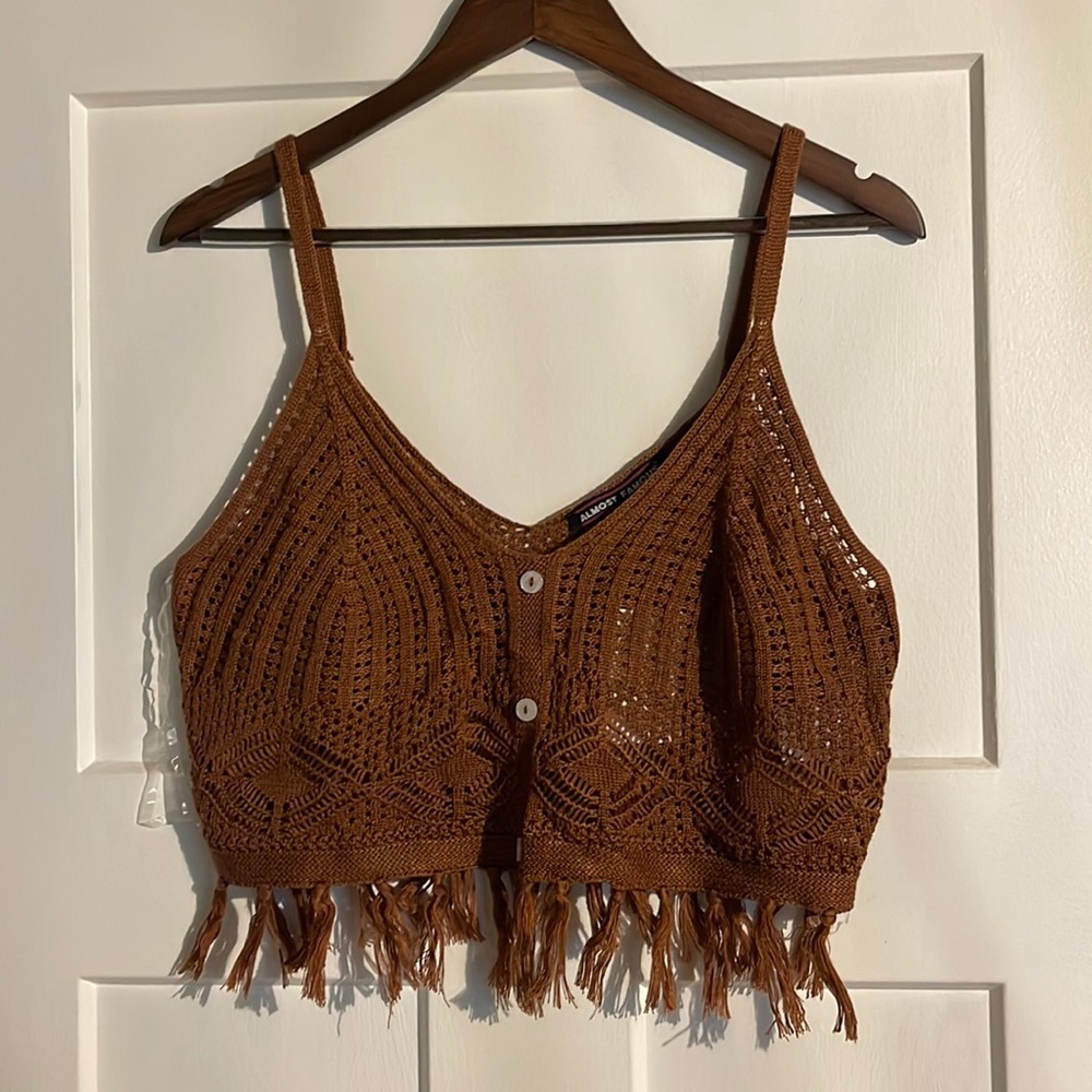 Almost Famous brown crochet crop top